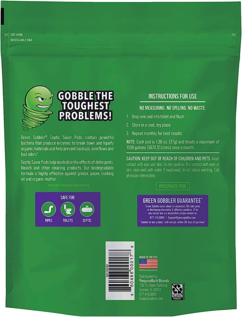 Green Gobbler Septic Tank Treatment Packets | 6 Month Septic Tank Supply | Natural Bacteria | Made in USA