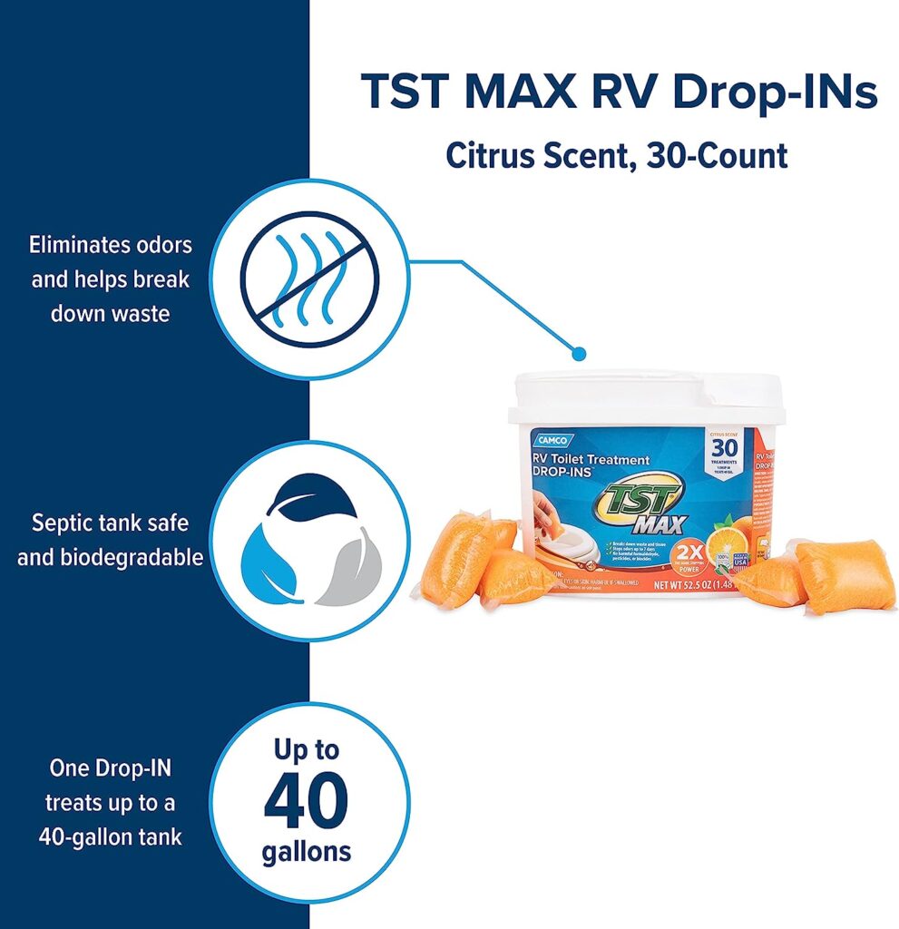 Camco TST MAX Camper/RV Toilet Treatment Drop-INs | Control Unwanted Odors and Break Down Waste and Tissue | Safe Septic Tank Treatment | Orange Scent | 30-Pack (41183)